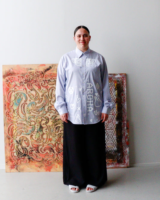 1. Tāwharau Collection Vol. V _ Aroha SHIRT - Blue & White stripe #173A