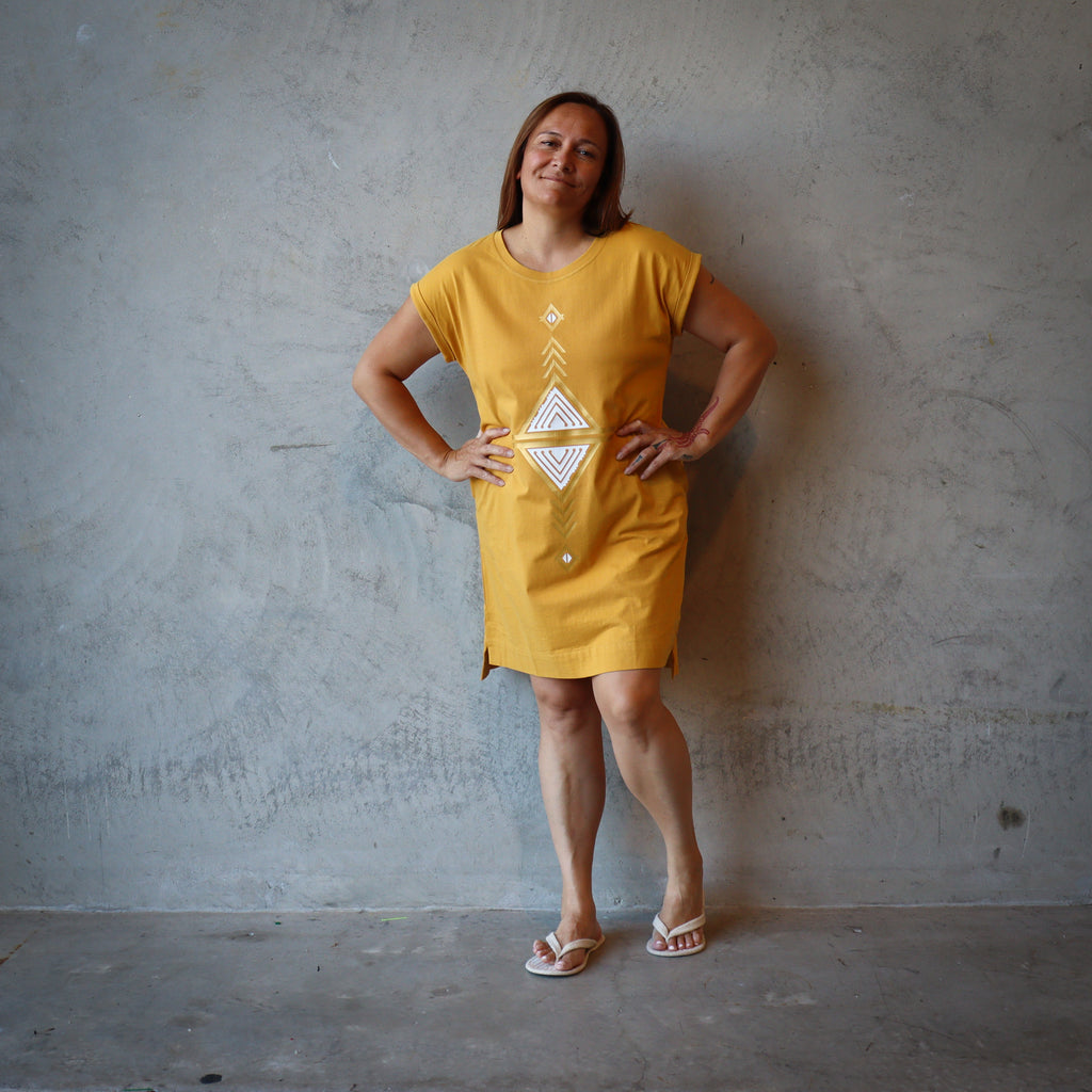 Rolled-Sleeve Tee Dress, Mustard - Mana Motuhake