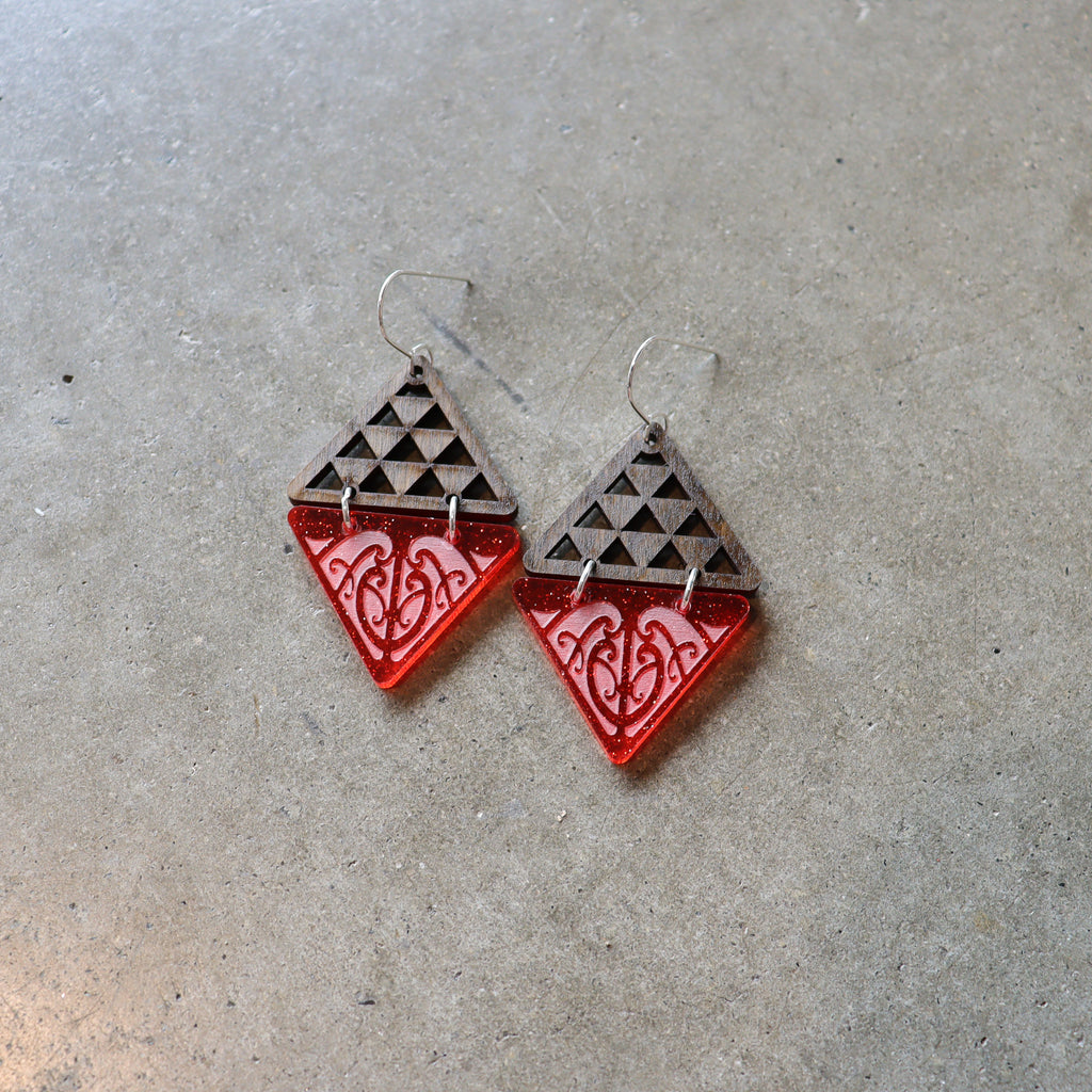 Earrings Red Glitter and Wood, Niho Taimana II