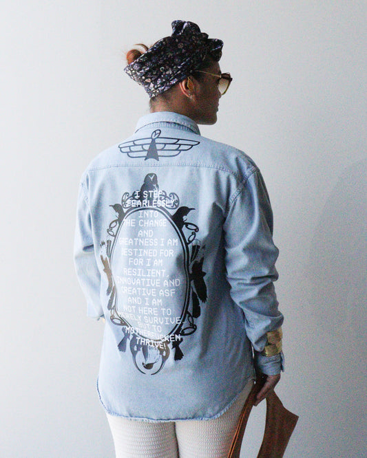 1. Tāwharau Collection Vol. VI_ I step fearlessly.. SHIRT - Denim #226