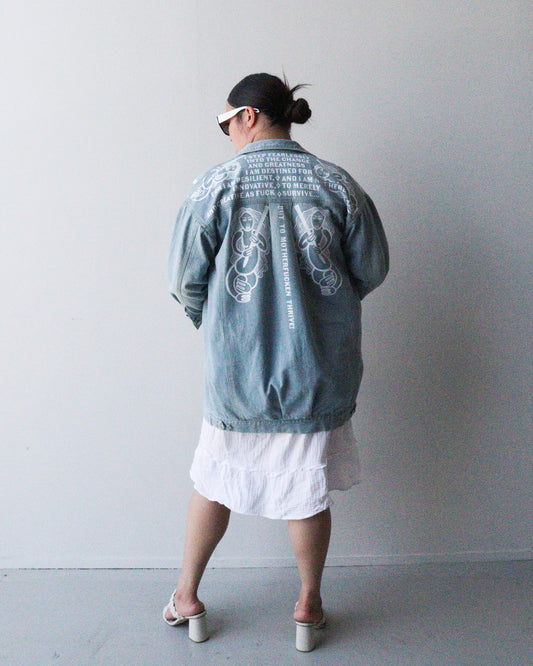 1. Tāwharau Collection Vol. VI_ I step fearlessly...  JACKET - Denim #230