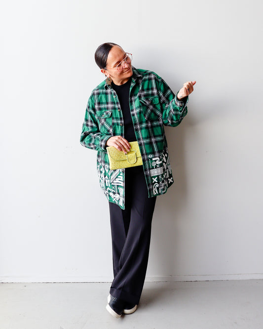 1. Tāwharau Collection Vol. II_ Ko Au Tēnei SHIRT - Green, White & Black Plaid #305