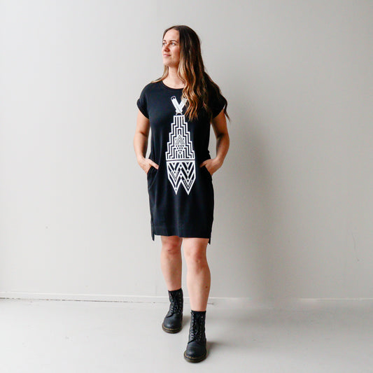 Rolled-Sleeve Tee Dress, Black - Hautūtanga